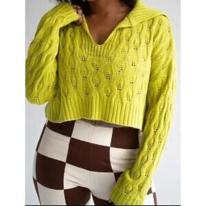 Find Me Now Cable Knit Sweater Chartreuse Cropped Eyelet Cozy Pullover Size L